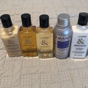 L'Occitane Travel Sz Shower Gel, lavender foaming bath, shampoo, & conditioner